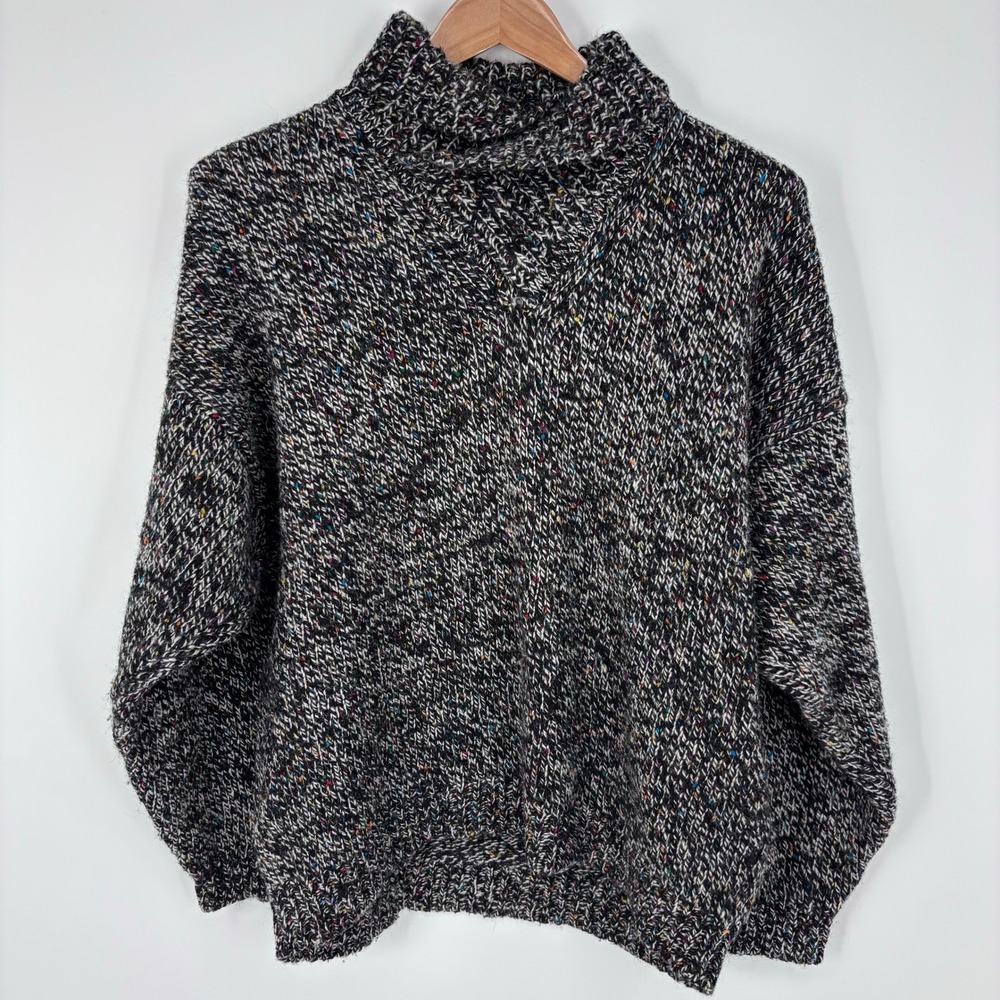 VTG Lanimer Knitwear Scotland Wool Cowl Neck Sweater Sz XL Heavy Black Flecked